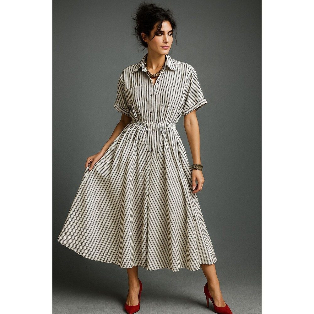 Vintage 1980s Norma Kamali Black & White Ticking Stripe Shirt Dress Sz 4